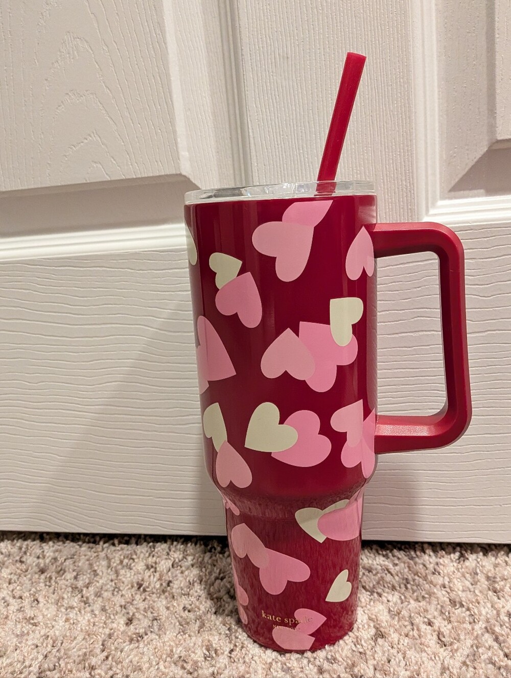 kate spade Red Travel Tumbler with Pink and Cream Heart Print and Straw